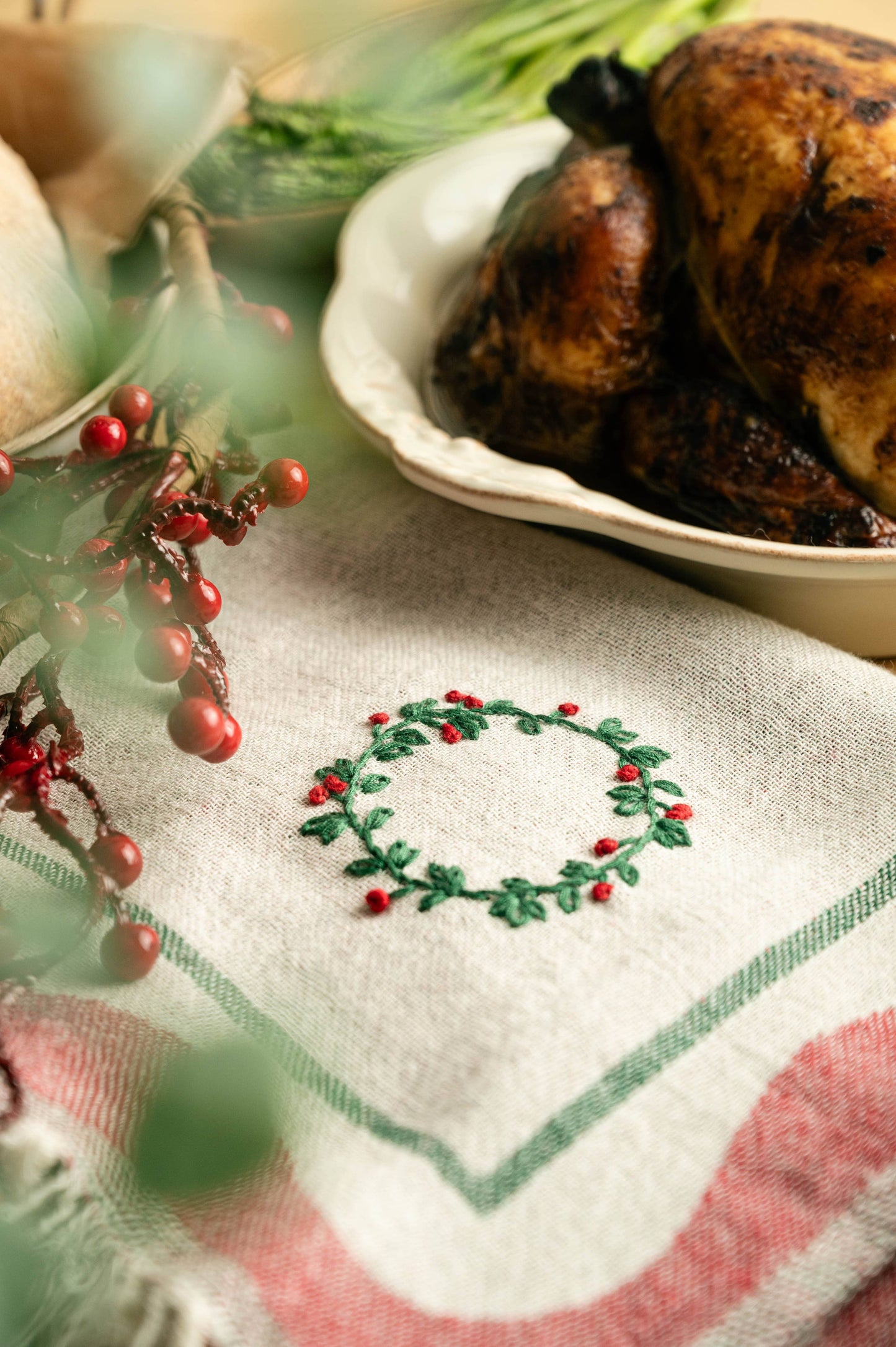 Wreath Hand-Stitched Tea Towel Set