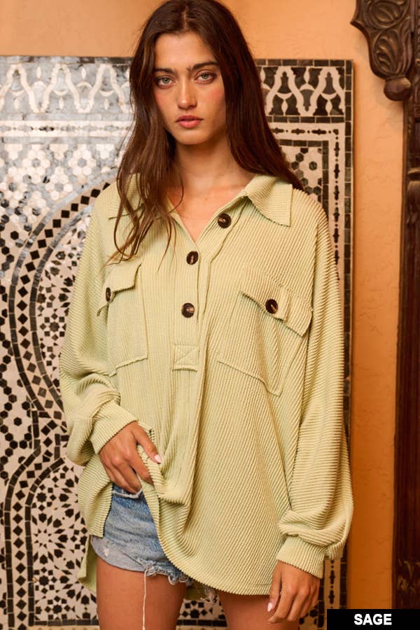 French Terry Knit Collared Loose Fit Top OLIVE