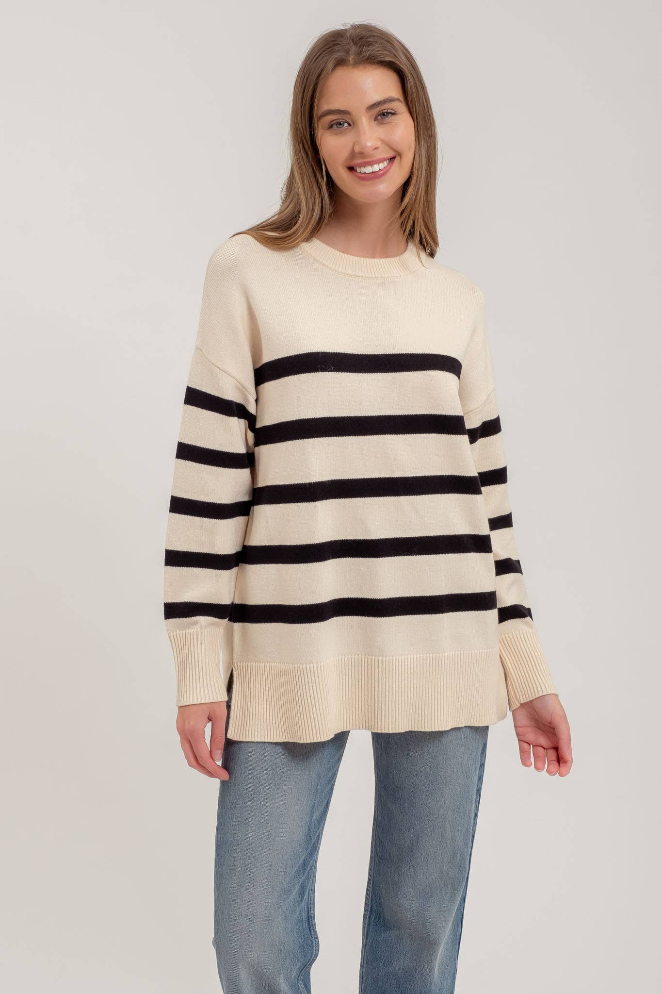 STRIPE OVERSIZED CREW SIDE SPLIT KNIT SWEATER