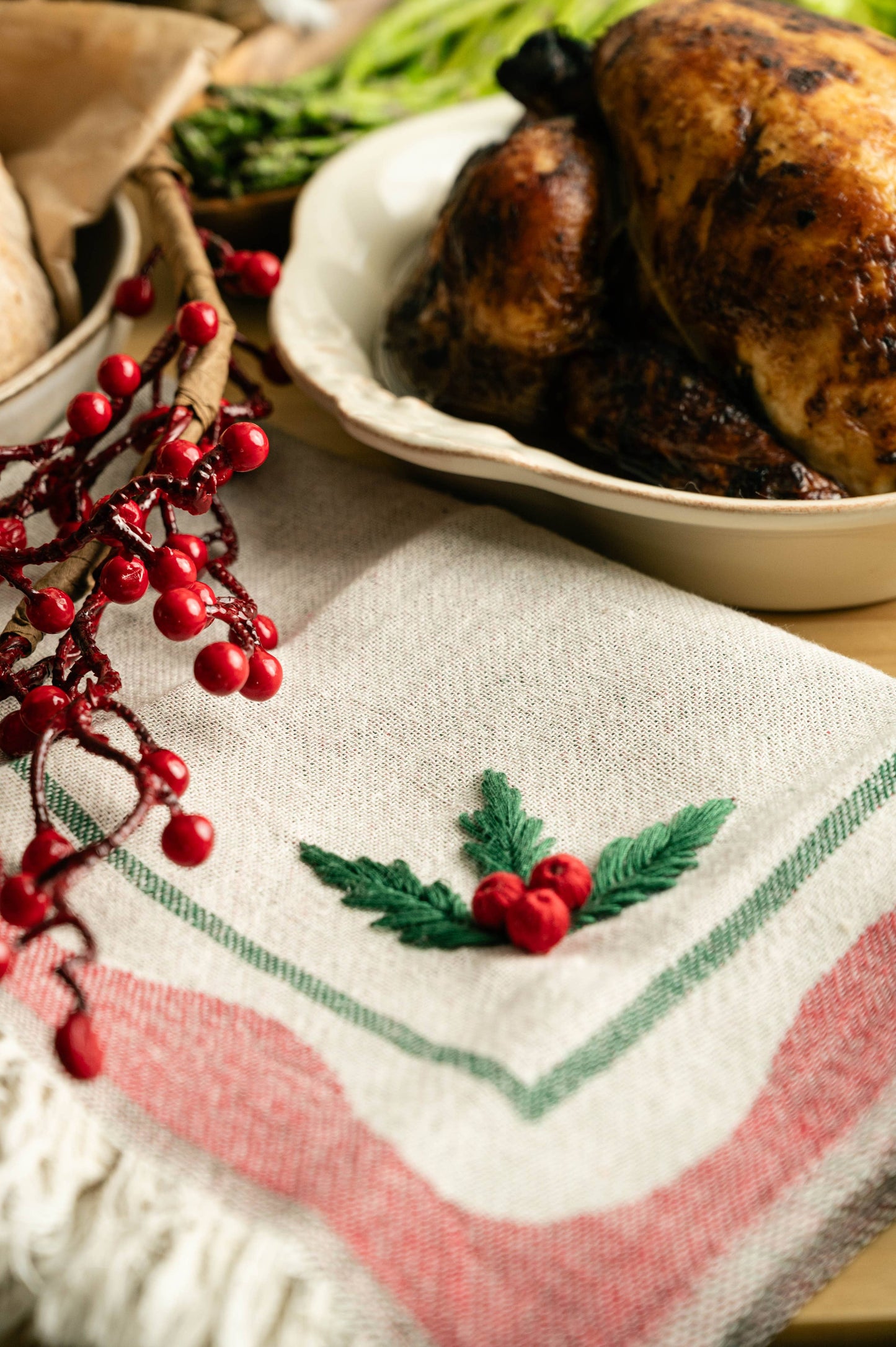 Holly Hand-Stitched Tea Towel Set
