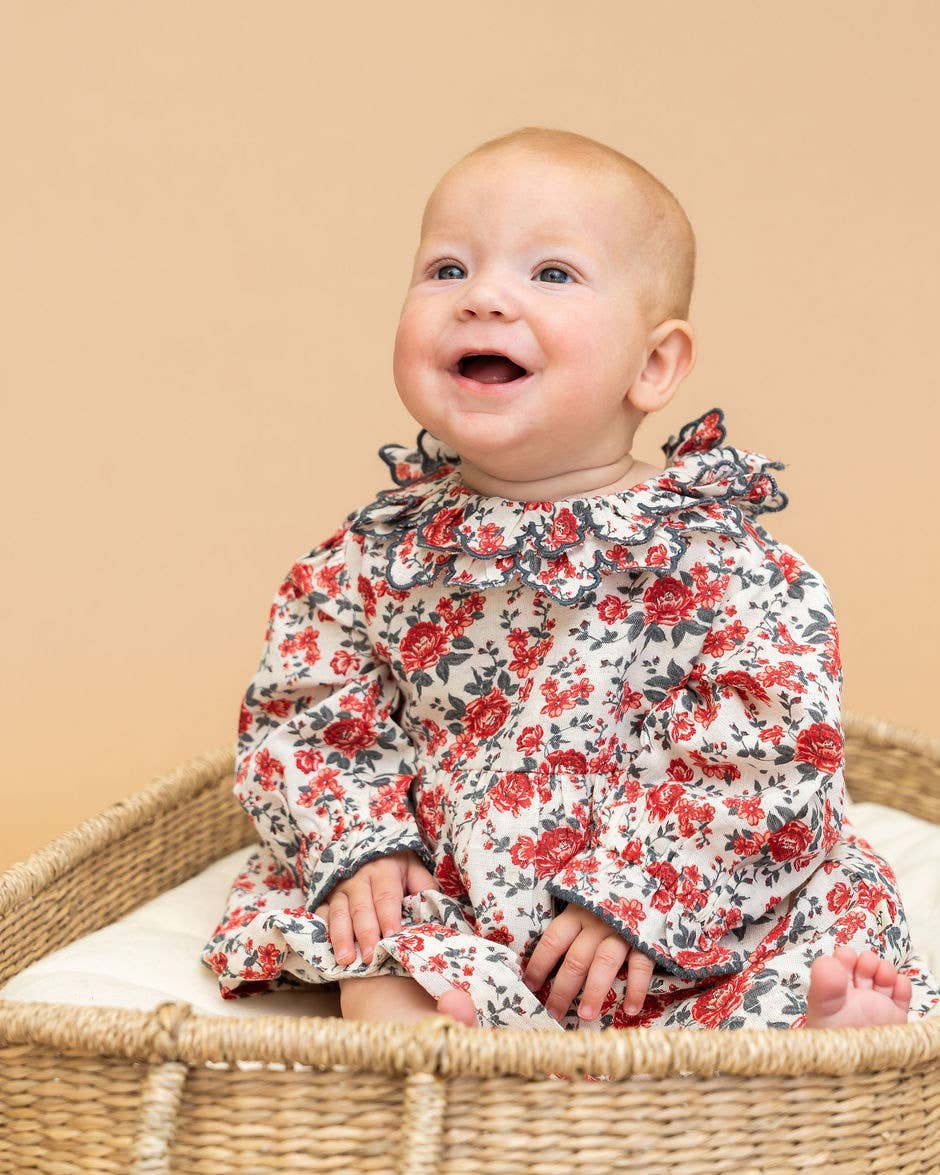 Amour Rose Floral Ruffle Baby Dress & Bloomer (Linen Blend)