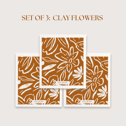 Set of 3 Swedish Dishcloth: Earthy Florals Clay