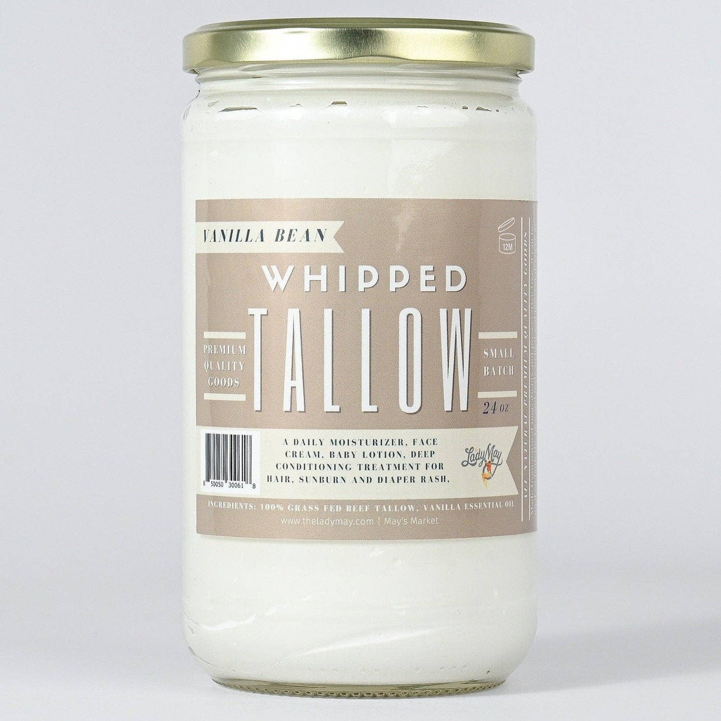 16 oz Vanilla Whipped Tallow, Grass fed Beef Tallow Moisturizer