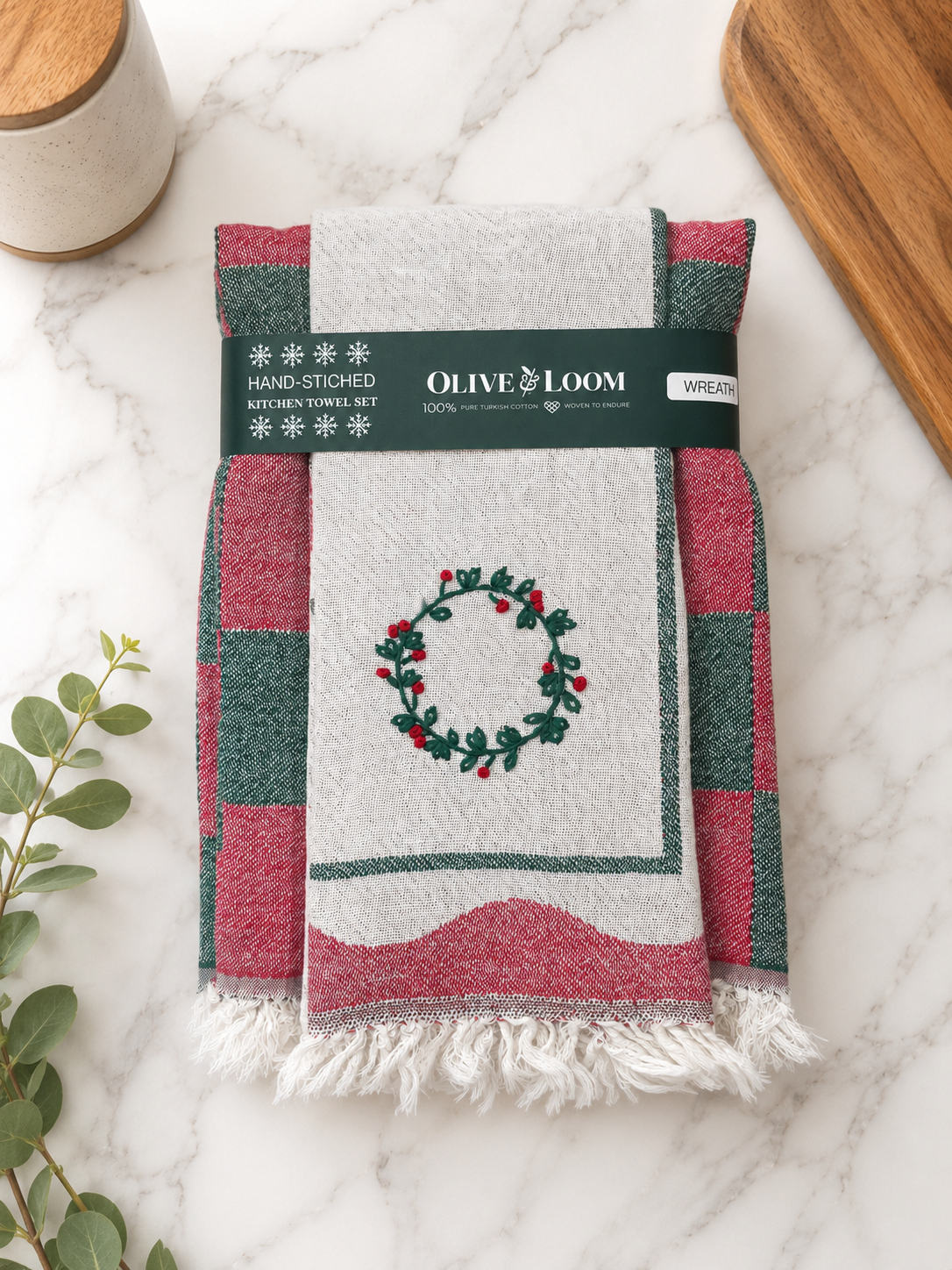 Wreath Hand-Stitched Tea Towel Set