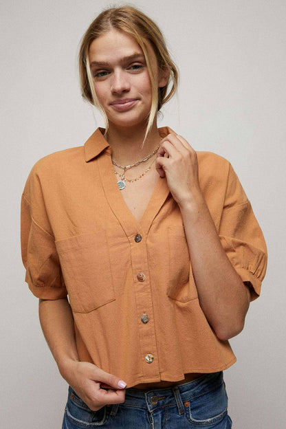 Elbow Sleeves Button Down 2 Pocket Crop Shirt