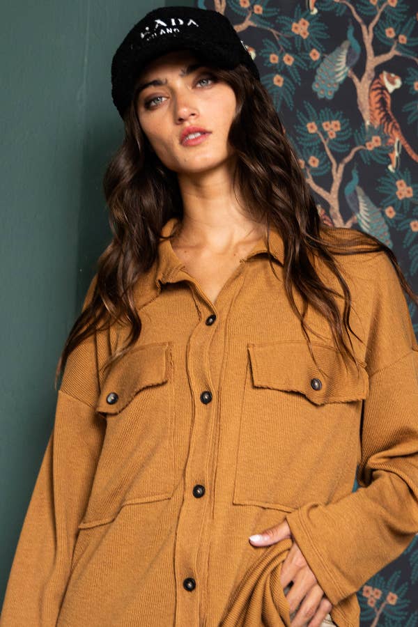 Solid Rib Knit Oversized Shacket Shirt CAMEL