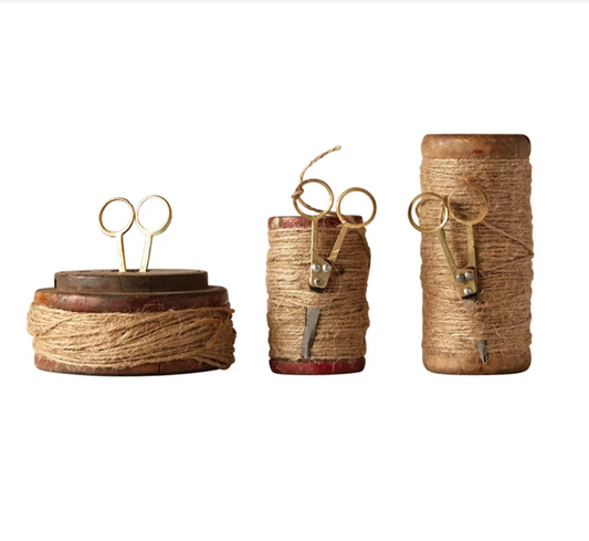 Found Wooden Spools with Jute and Scissors