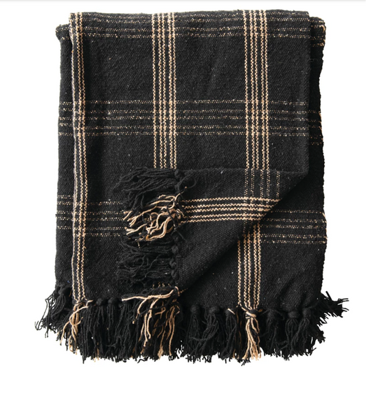 Woven Cotton Blend Throw with Fringe Black