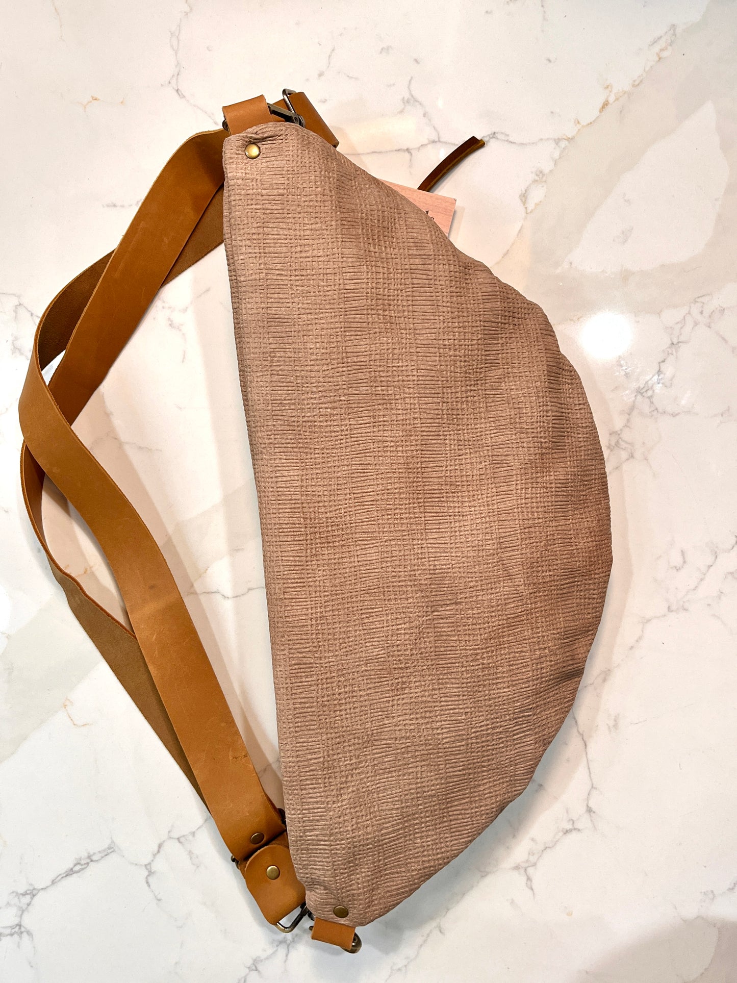 Taupe Soft Leather Crossbody - Herringbone Print