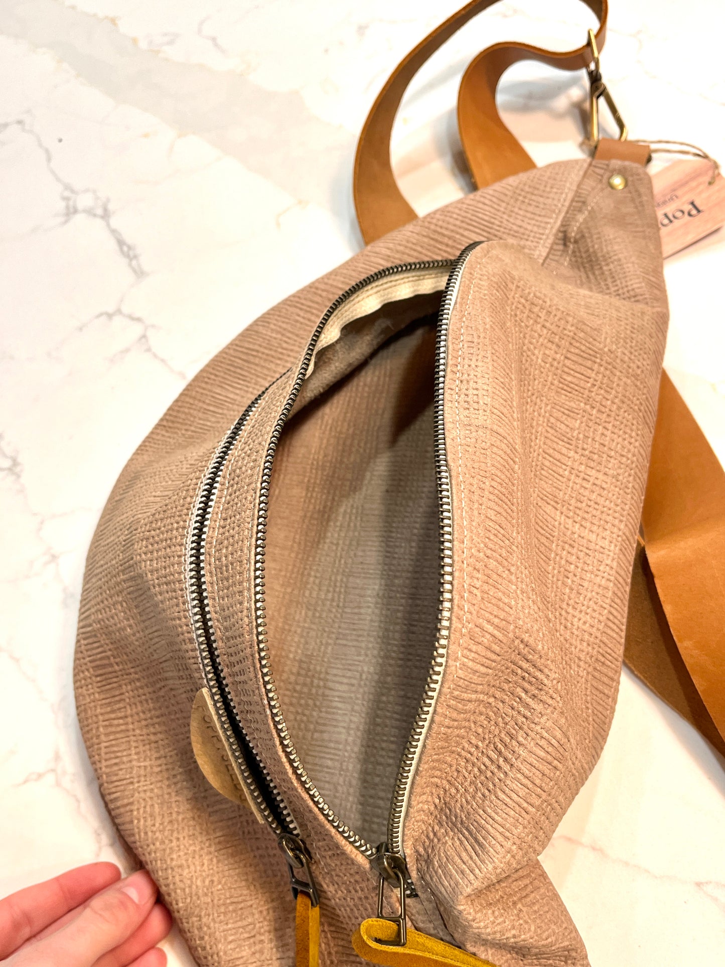 Taupe Soft Leather Crossbody - Herringbone Print