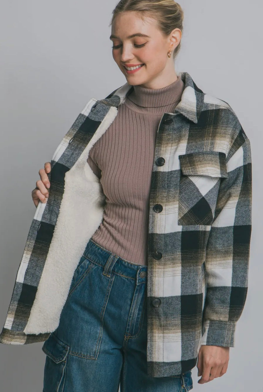 FAUX FUR BRUSHED PLAID JACKET W/ POCKET