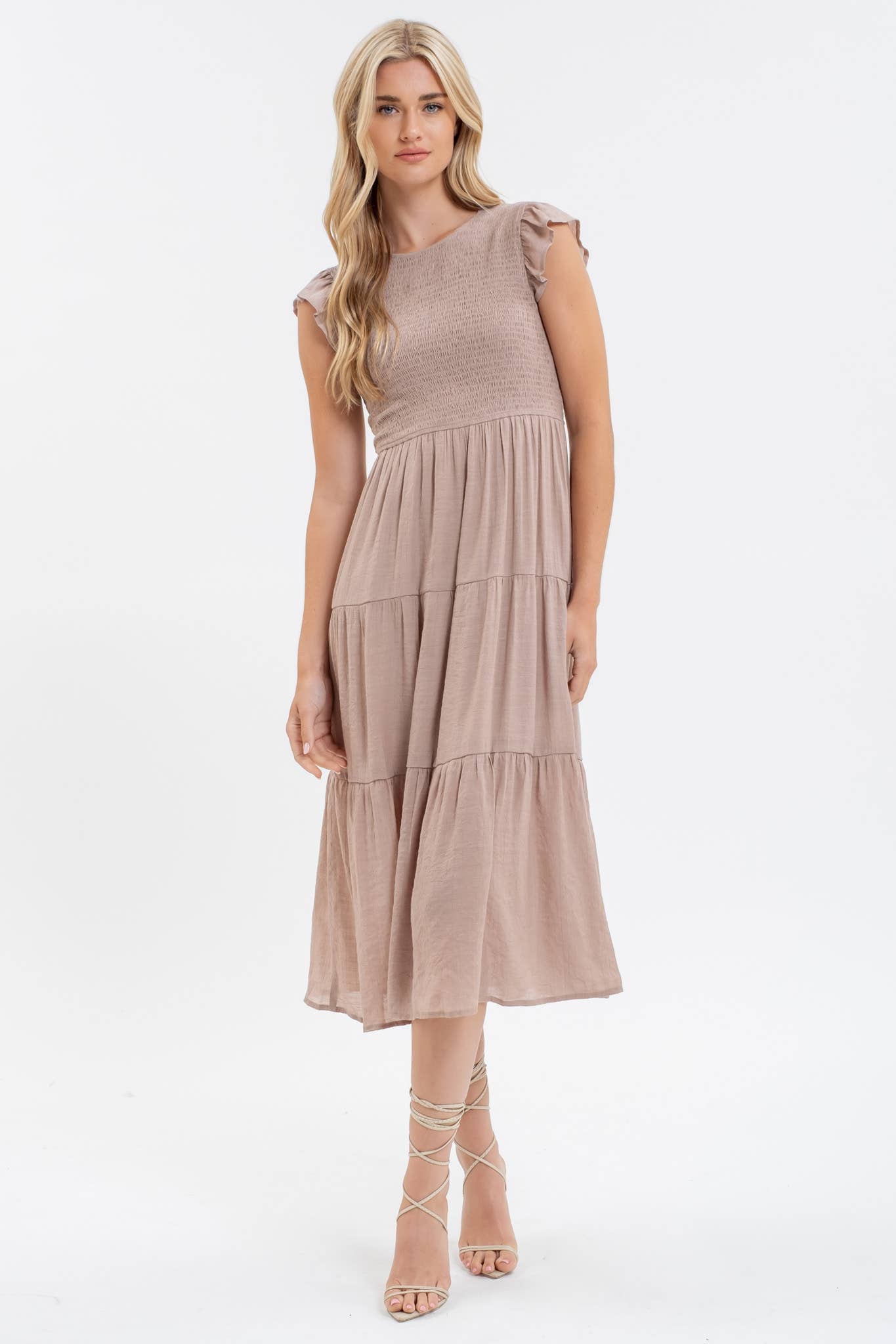 SMOCKED TIERED MIDI DRESS