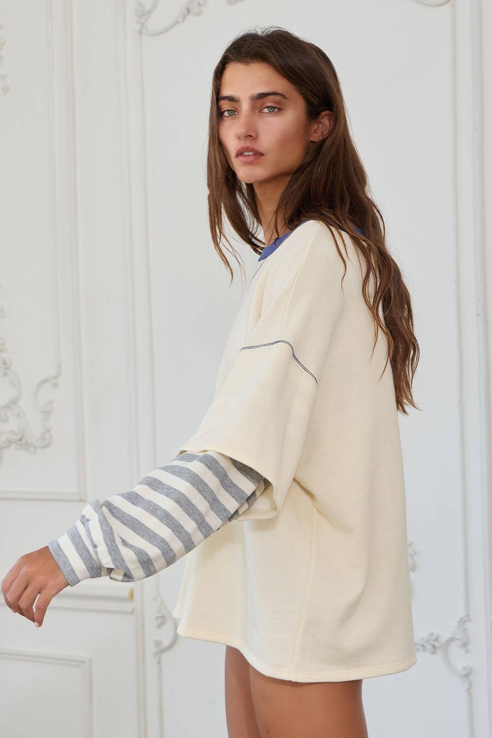 Striped Contrast Sleeve Oversized Terry Top