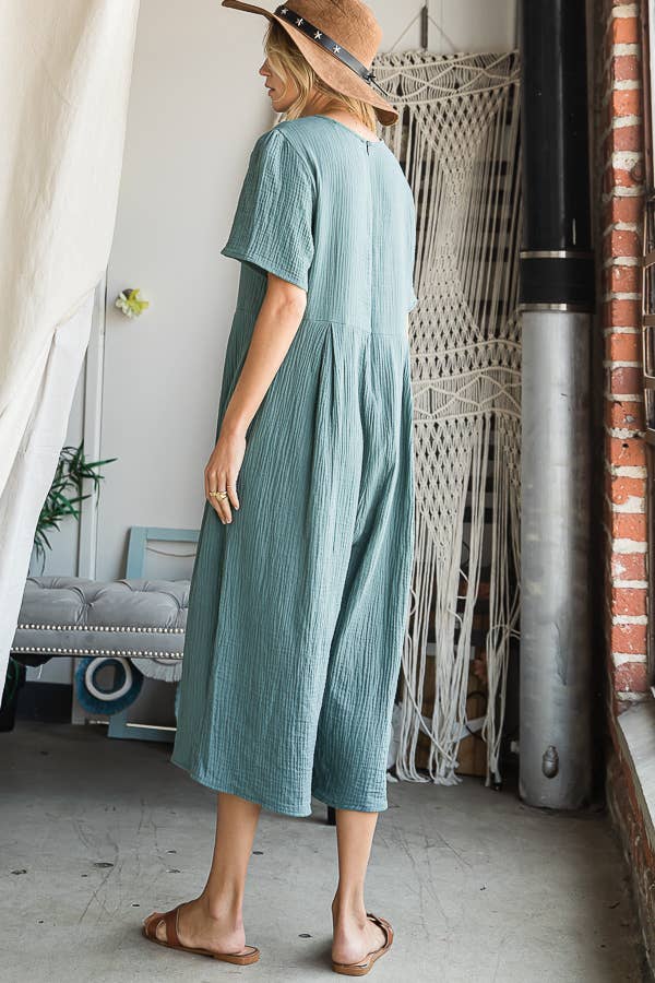 Cropped Wide Leg Pleated Solid Jumpsuit COFFEE