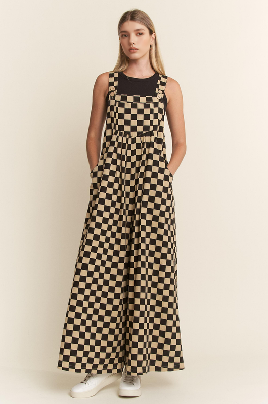 Checkered Denim Wide Leg Overall SI-28638