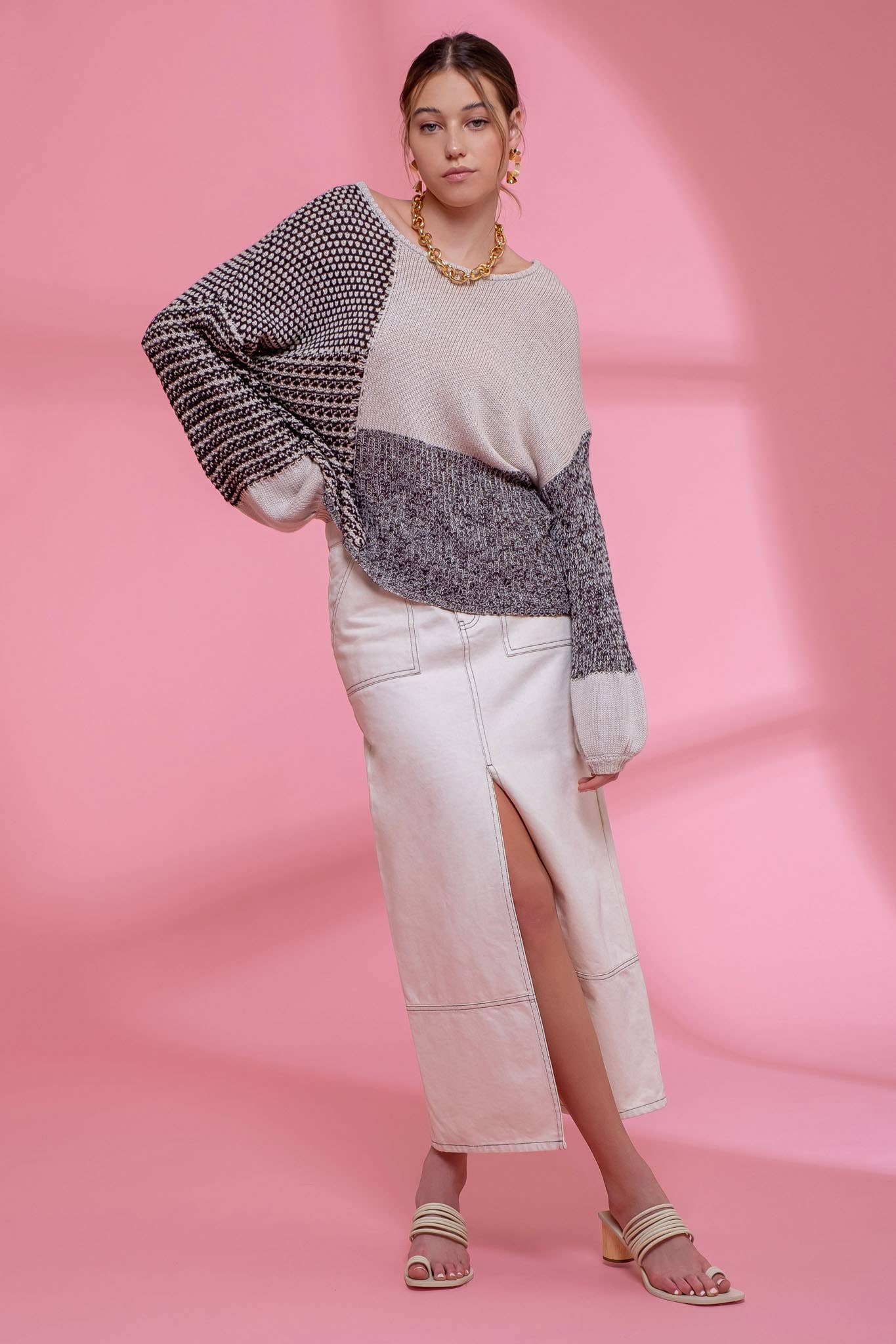 BACK TIE COLORBLOCK KNIT SWEATER