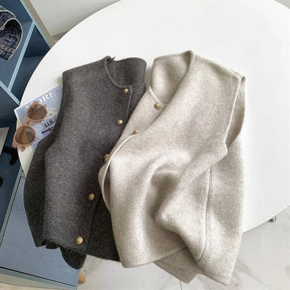 Sleeveless Knit Vest With Single Row Button Closure