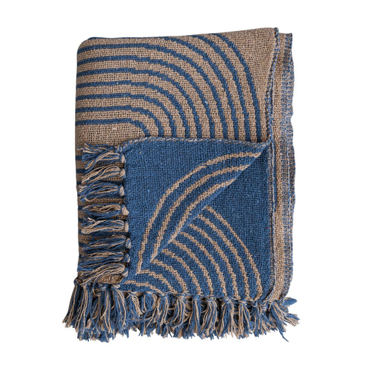Woven Recycled Cotton Blend Throw w/ Pattern & Fringe, Blue & Tan Color