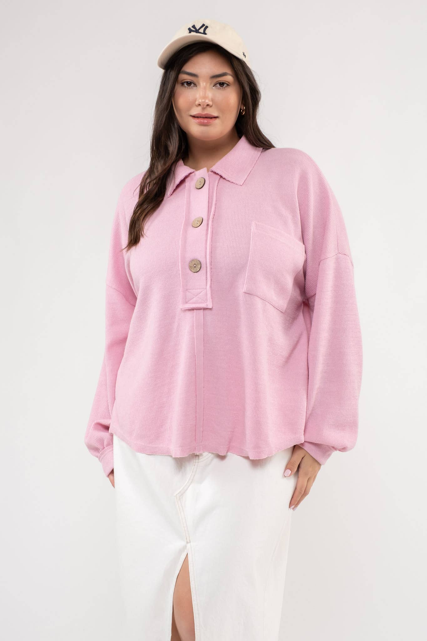 PLUS COLLARED RAW EDGE KNIT TOP