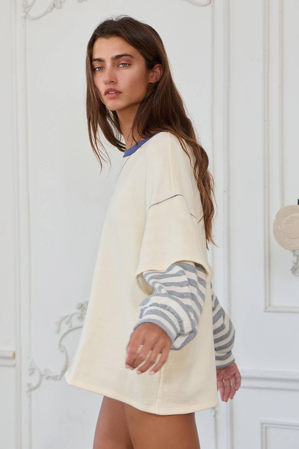 Striped Contrast Sleeve Oversized Terry Top