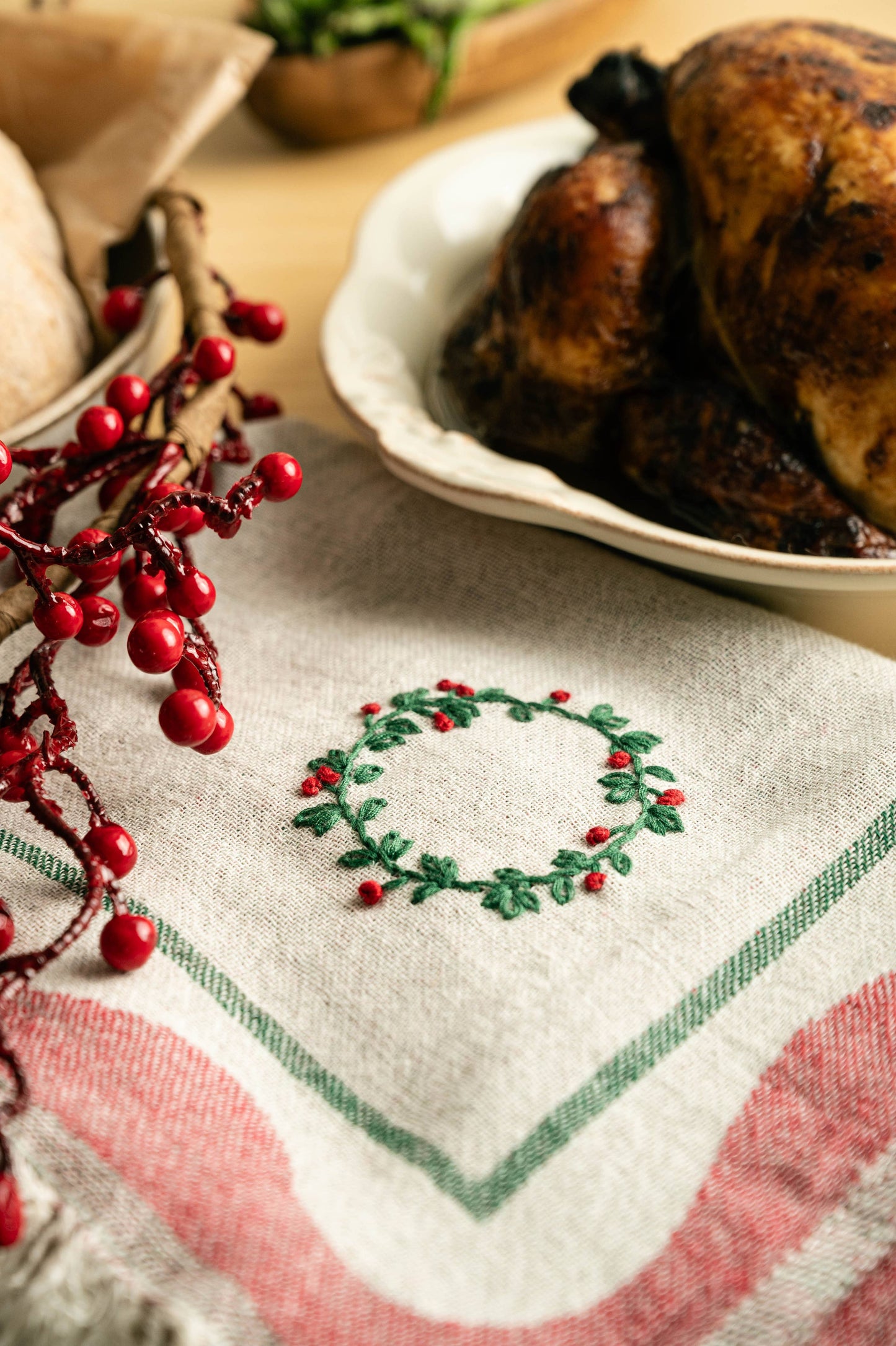 Wreath Hand-Stitched Tea Towel Set