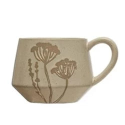 Stoneware Mug with Wax Relief Botanical Image, Reactive Glaze, 3 Styles