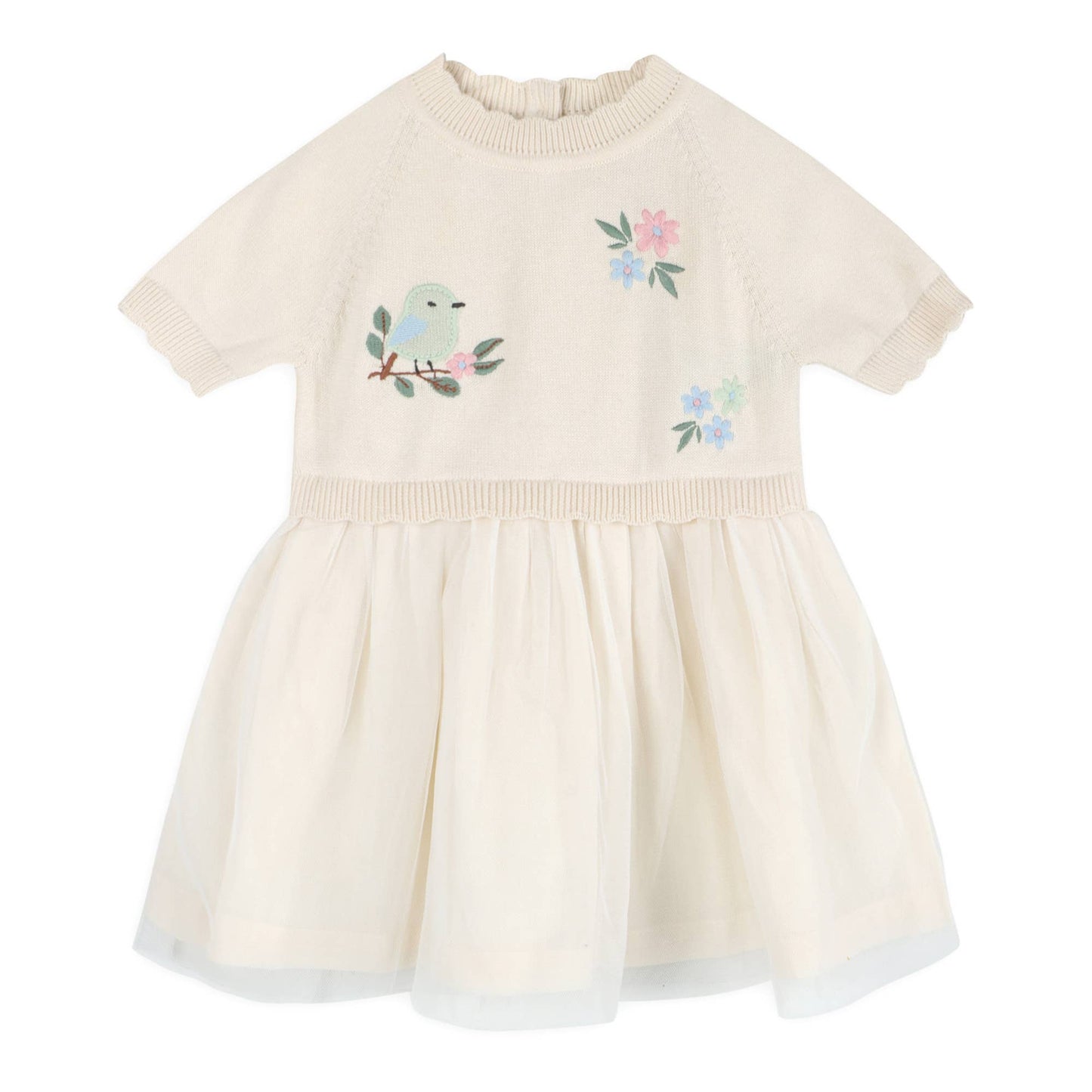 Bird Floral Embroidered Tutu Knit Baby Dress (Organic)