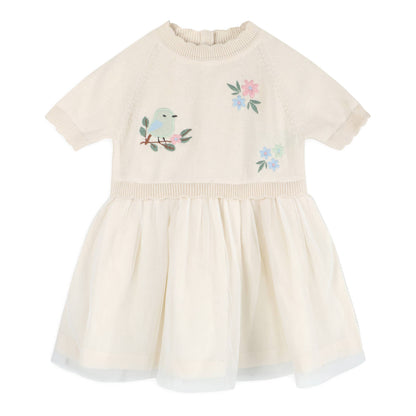 Bird Floral Embroidered Tutu Knit Baby Dress (Organic)