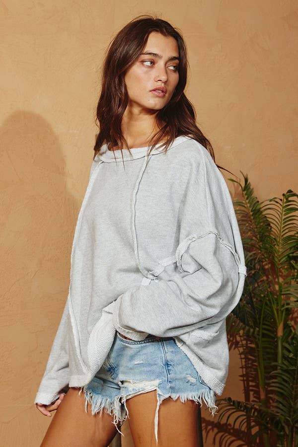 Oversized Solid Raw Edge Detail Long Sleeves Top CHARCOAL