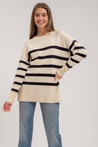 STRIPE OVERSIZED CREW SIDE SPLIT KNIT SWEATER