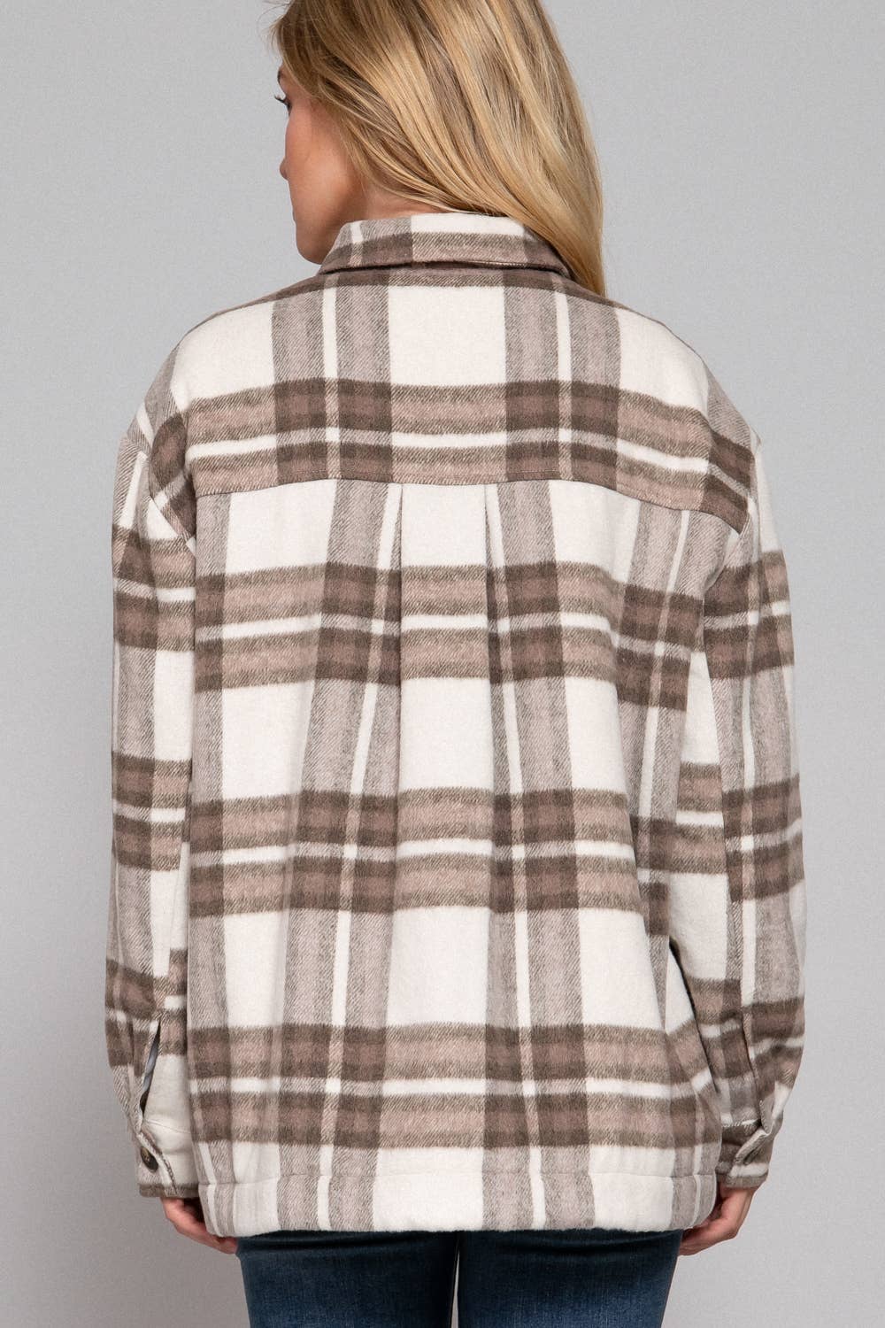 FAUX FUR BRUSHED PLAID JACKET W/ POCKET