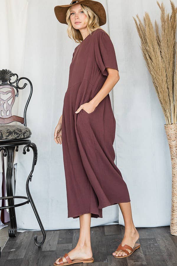 Cropped Wide Leg Pleated Solid Jumpsuit COFFEE