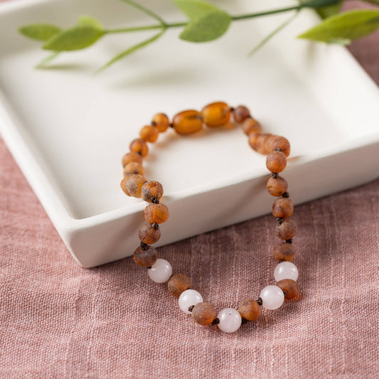 Adults | Rose Quartz + Raw Cognac Amber Anklet