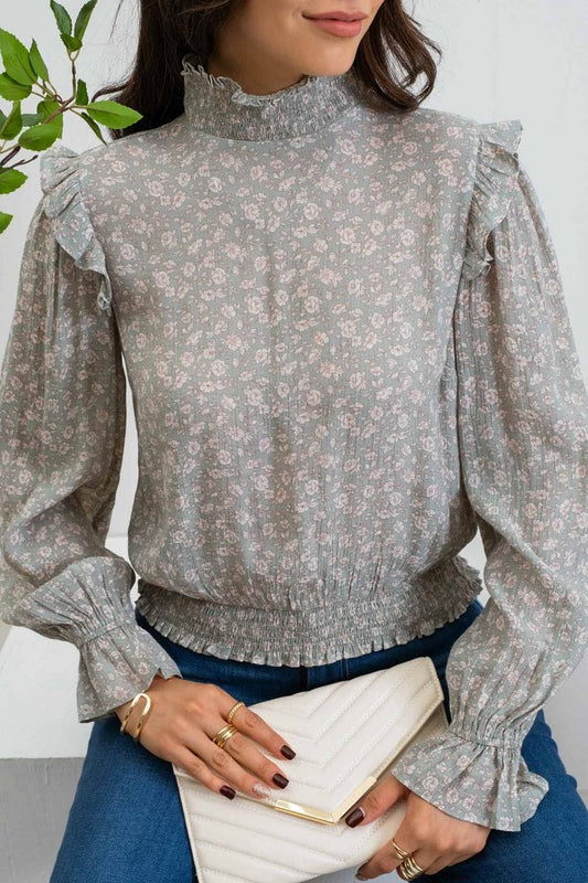 FLORAL SMOCKED TURTLENECK TOP: SAGE