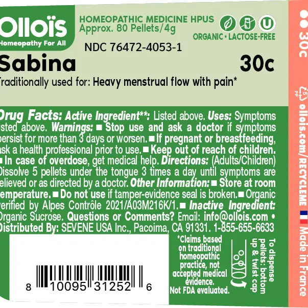 Olloïs Sabina 30c Organic & Lactose-Free Pellets, 80ct