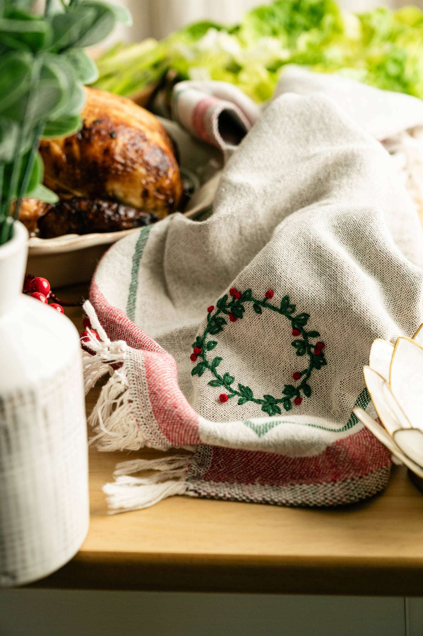 Wreath Hand-Stitched Tea Towel Set