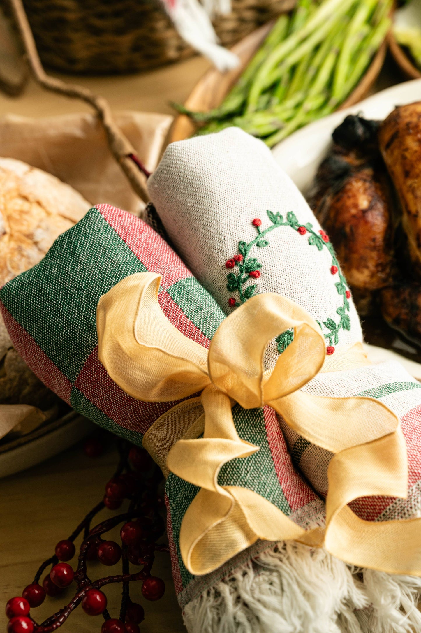 Wreath Hand-Stitched Tea Towel Set