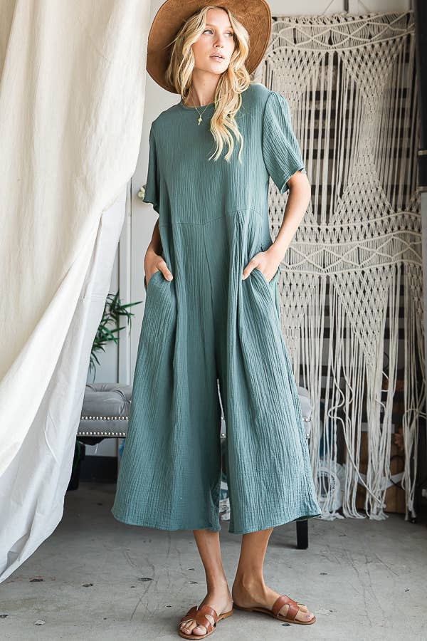 Cropped Wide Leg Pleated Solid Jumpsuit COFFEE