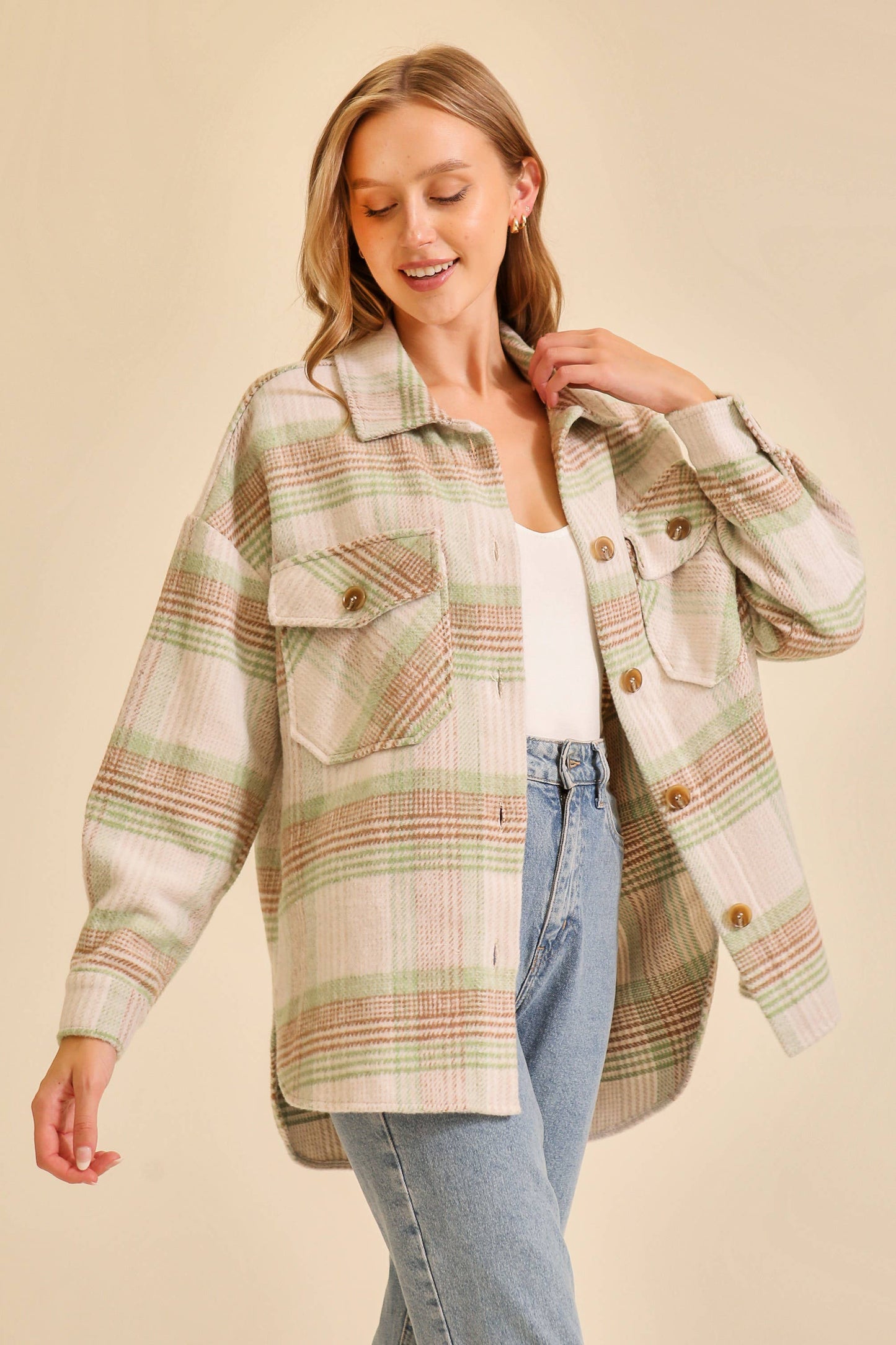 Plaid print shacket Sage/Taupe