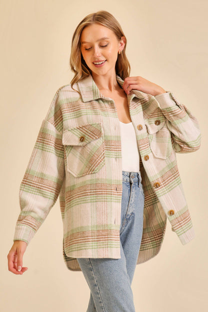 Plaid print shacket Sage/Taupe