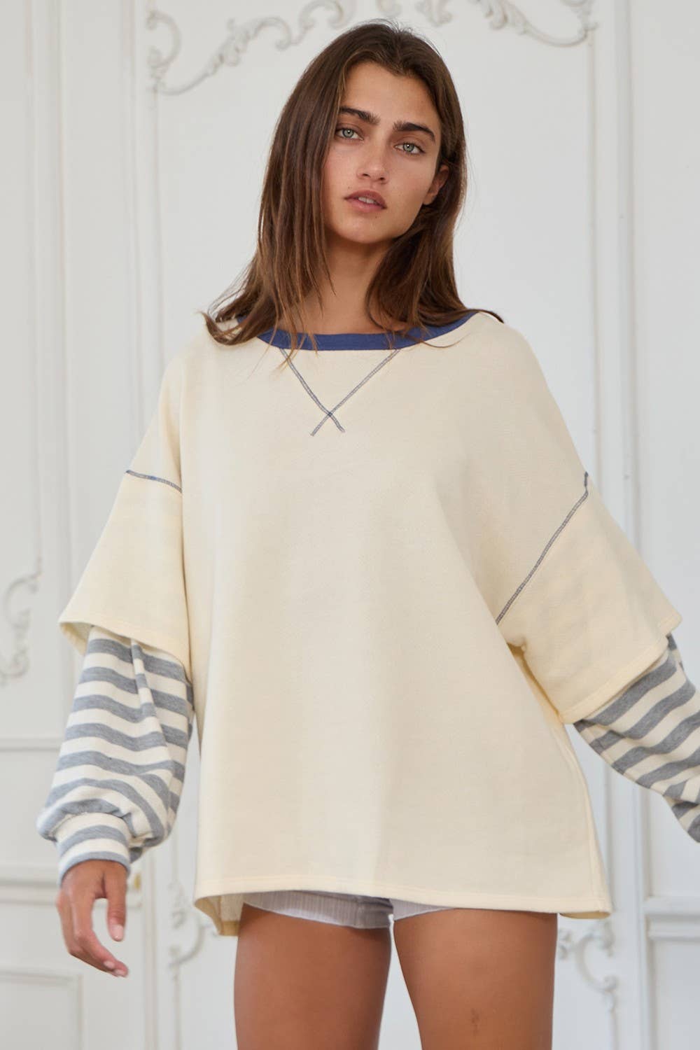 Striped Contrast Sleeve Oversized Terry Top