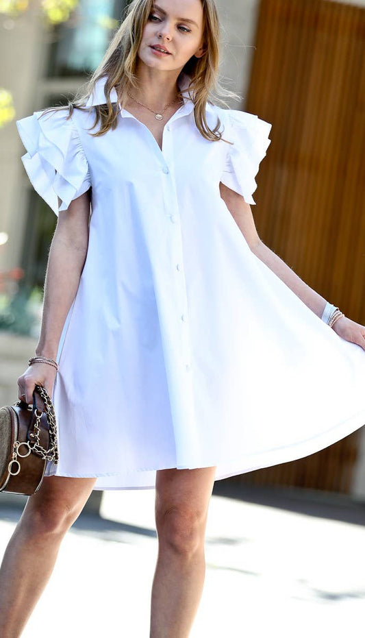 Cream Ruffle shoulder cap details button down dress