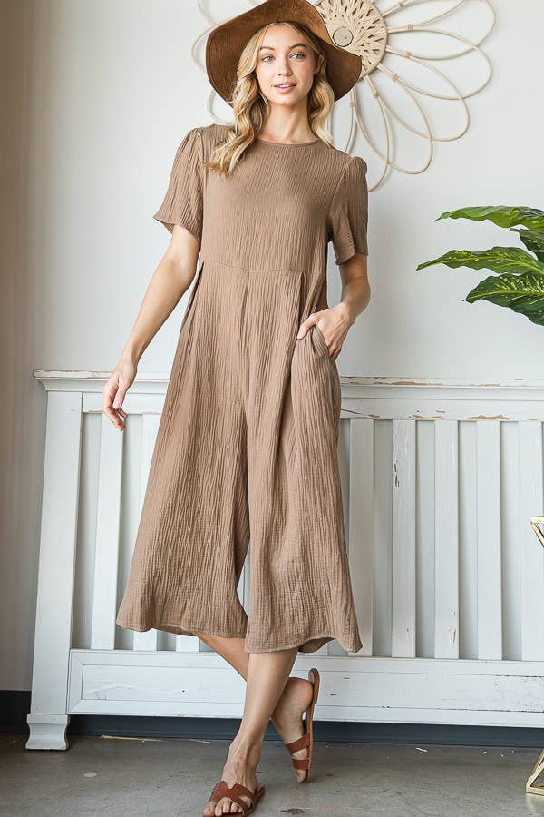 Cropped Wide Leg Pleated Solid Jumpsuit COFFEE