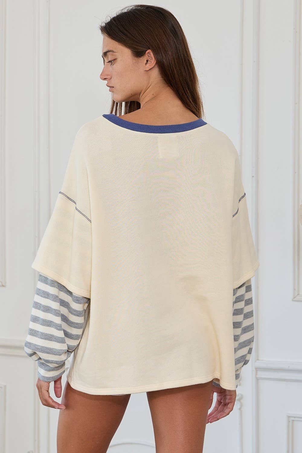 Striped Contrast Sleeve Oversized Terry Top