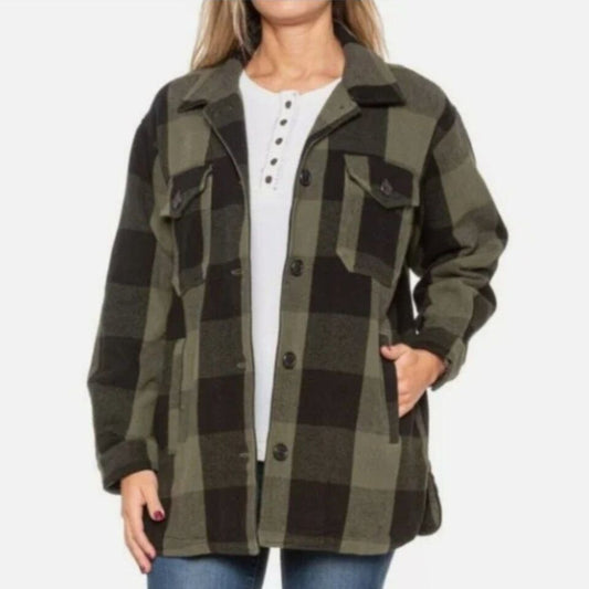 LUCKY BRAND OVERSIZED GREEN BLACK PLAID BUTTON UP SHACKET