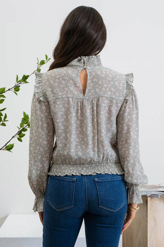 FLORAL SMOCKED TURTLENECK TOP: SAGE