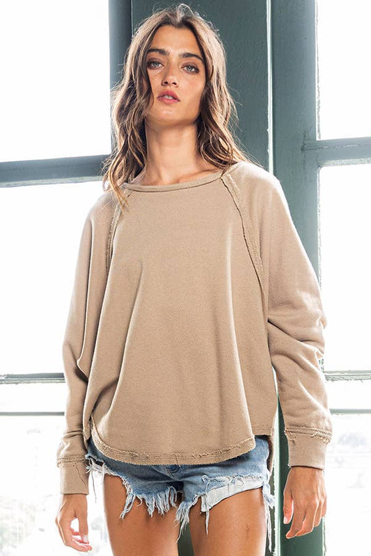 French Terry Round Hem Detailed Loose Fit Top TAUPE