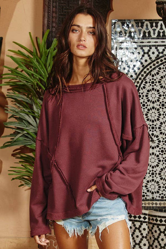 Oversized Solid Raw Edge Detail Long Sleeves Top BURGUNDY