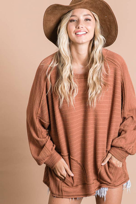 Textured  Bold Stripe Boxy Top: BROWN