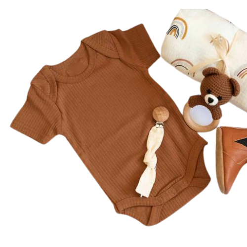Baby bodysuit Organic ribbed cotton short sleeve Brown